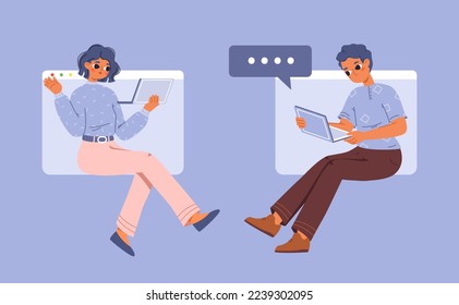 Video call dating. Teens communicate online, social network or virtual date. Cute cartoon girl and boy with computer in web windows, vector IT business modern characters