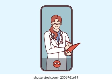 Video call to doctor through telemedicine application on phone for online examination and consultation of patient via internet. Woman doctor in screen of smartphone listens to symptoms of patient