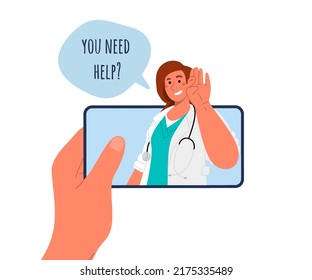 Video call to doctor.Female doctor smiles and asks if you need help.Hand holds phone.Vector cartoon illustration of online consultation via mobile phone.