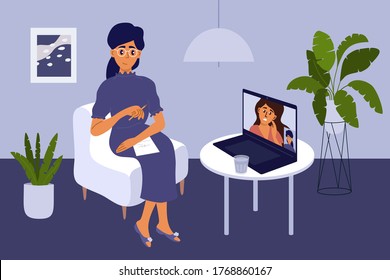 Video call with female psychologist on laptop. Psychology or psychotherapy online session or consultation. Support, medical care, help with mental problem, depressive disorders. Vector illustration.