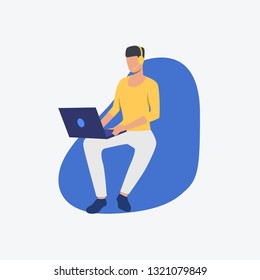 Video call flat icon. Man, laptop, wireless headset. Communication concept. Can be used for topics like online conference, call center, wireless connection