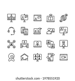 Video Call flat line icons set. Online meeting icons, work form home, social distancing, video conference. Simple flat vector illustration for web site or mobile app. Editable Stroke.