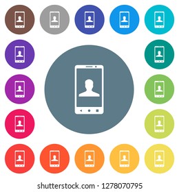 Video call flat white icons on round color backgrounds. 17 background color variations are included.