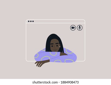 Video call frame, working from home concept, social distancing, a young female Black character using online technologies to connect with friends, family, or colleagues