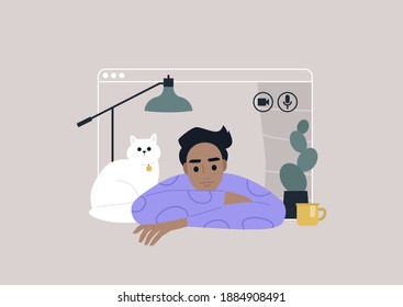 Video call frame, working from home concept, social distancing, a young male character using online technologies to connect with friends, family, or colleagues