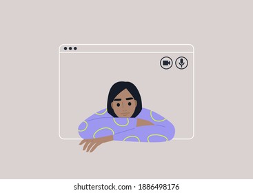 Video call frame, working from home concept, social distancing, a young female character using online technologies to connect with friends, family, or colleagues