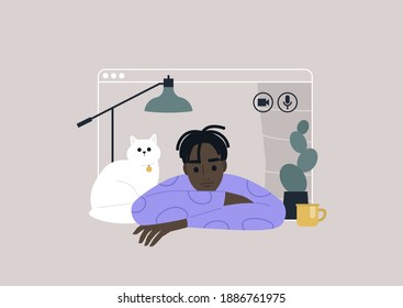 Video call frame, working from home concept, social distancing, a young male Black character using online technologies to connect with friends, family, or colleagues