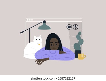 Video call frame, working from home concept, social distancing, a young Black female character using online technologies to connect with friends, family, or colleagues