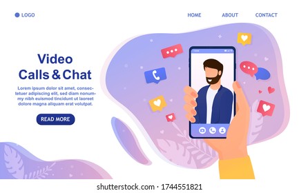 Video call with a friend. Hand holds a smartphone with a handsome guy on the screen. Digital communication technologies. Perfect for landing, web design, banner. Easy to edit and customize Flat Vector