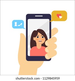  video call with friend. talking about love and fashion. video call with smarthphone. video call with friends. Incoming call on smartphone screen. Calling service. Hand holds smartphone, 