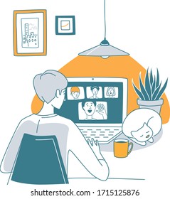 Video call to friends in the evening during quarantine, cup of tea, warm meeting. Vector illustration doodles, thin line art sketch style concept
