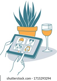 Video call to friends in the evening during quarantine, glass of wine and hands holding tablet computer. Vector illustration doodles, thin line art sketch style concept
