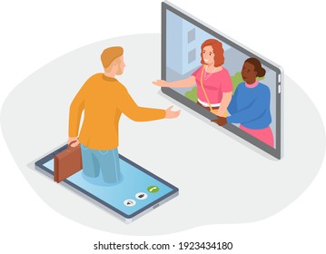 Video call with friends. Man communicating by smartphone with women. Colleagues chatting remotely. Online conference, virtual meeting, modern internet technologies. Stay home, social distancing