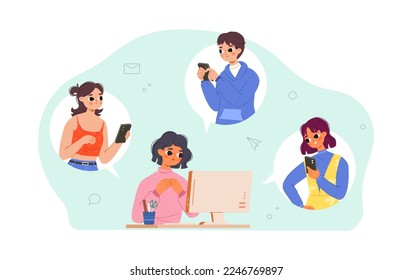 Video call with friends. Teens conversation, phone and computer communication. Distance social friendship, teenagers cartoon vector characters