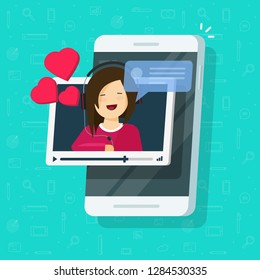 Video call with girlfriend on mobile phone vector illustration, flat cartoon smartphone video chat with lovely happy smiling girl or love talk, online distance dating, remote relationship