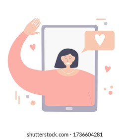 Video call with girlfriend. Young woman on phone screen. Chatting on Internet with people. Online dating application. Social distancing lifestyle. Long distance relationship concept. 