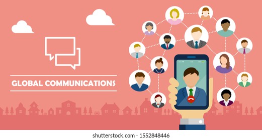 Video call / Global communiation through mobile phone vector banner illustration / 
Hand holding smartphone.