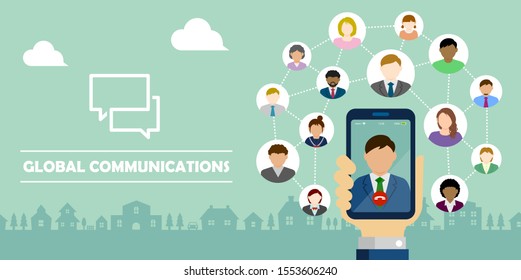 Video call / Global communiation through mobile phone vector banner illustration / 
Hand holding smartphone.