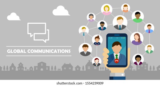 Video call / Global communiation through mobile phone vector banner illustration / 
Hand holding smartphone.