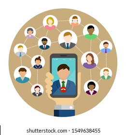 Video call, Global communication through mobile phone circle vector banner illustration ,
Hand holding smartphone.