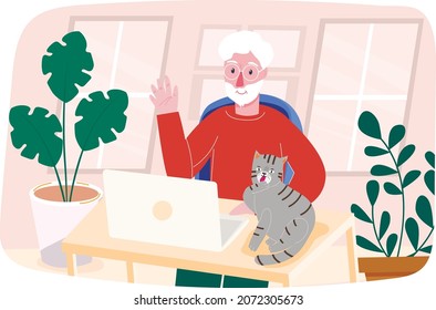 Video call. Grandpa is talking by video link. Old man. Stay at home. Home environment, cat. Insulation. Freelance.