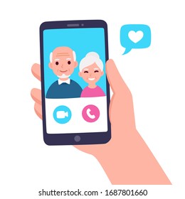 Video Call With Grandparents Or Aging Parents. Hand Holding Smartphone With Elderly Couple On Screen. Simple And Cute Flat Cartoon Vector Illustration.