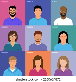 Video call group business people meeting on virtual workplace or remote office. Telework conference call using smart video technology to communicate. Vector color illustration.