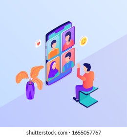 Video Call Group Discussion Concept With Man Video Calls Using Big Smartphone With Isometric Style