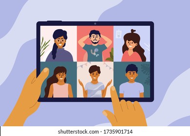 Video Call Of Group Of People. Hands Holding Digital Tablet With Online Conference On Screen. Friends Virtual Party, Remote Meeting Of Colleagues, Teamwork. Social Media Community Vector Illustration.