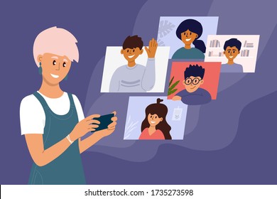 Video Call Of Group Of People. Online Conference, Virtual Gathering Together, Remote Meeting With Colleagues. Girl Talking With Friends By Smartphone Screen. Social Media Community Vector Illustration