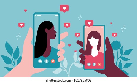 Video call. Hand holding phone with beautiful woman on screen. Likes around device. Two phones and two characters. Vector illustration in flat modern style. For web, app, banners or design.