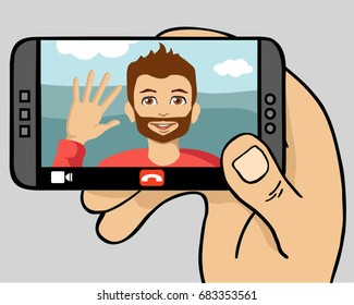 Video call. Hand holding smart phone which on screen showing video call from a friend. Online meeting, video call, webinar. 