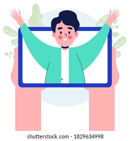 Video call. Hand holding tablet with man on screen. tablet pc in hand. Isolated on white background. Flat design vector illustration