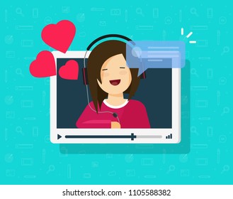 Video call of happy lovely girl vector illustration, flat cartoon sweetheart person chatting online with love hearts, idea of on-line dating, internet remote or distance relationship chat talk icon