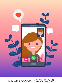 video call with his girlfriend or wife using smartphone. long distance relationship. flat design vector cartoon characters. 