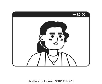 Video call hispanic adult woman black and white 2D cartoon character. Webinar screen entrepreneur female latina isolated vector outline person. Videoconference monochromatic flat spot illustration