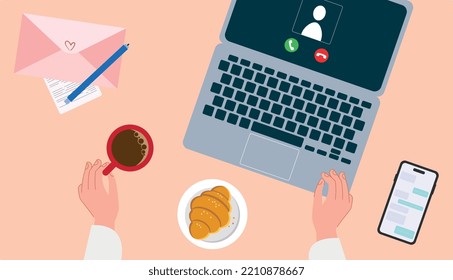 Video call at home. Desktop. Video lesson. Online learning. Hands on the table. Freelancer. Vector graphics.