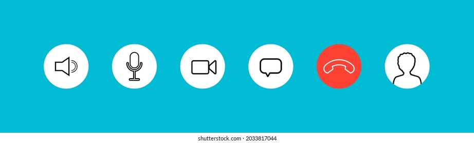 Video call icon. Button of chat, mute, microphone and camera. Interface icon for online conference, meeting and webinar. Set of symbol for web ui on screen of phone or computer. Vector.