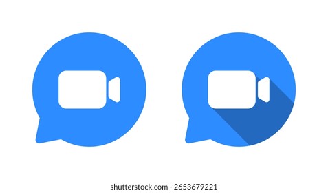 Video call icon in chat bubble. Online meetings and virtual communication symbol with long shadow