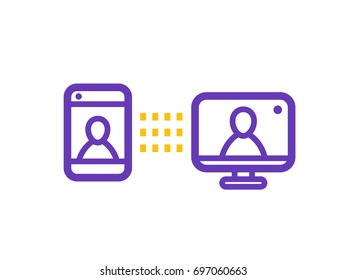 Video call icon, video conference with computer and smartphone