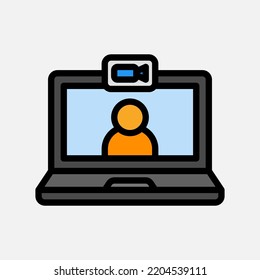 Icono de videollamada con estilo de línea rellena sobre comunicación, uso para presentación de aplicaciones móviles en sitios web