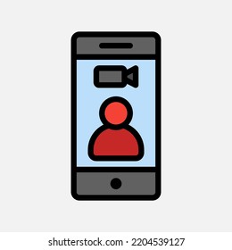 Icono de videollamada con estilo de línea rellena sobre comunicación, uso para presentación de aplicaciones móviles en sitios web