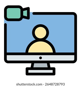 Ícone de chamada de vídeo ilustração de estilo de linha plana representando comunicação visual em tempo real, adequada para aplicativos de conferência, reuniões remotas e plataformas de comunicação digital