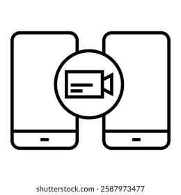 Video call icon in line style with editable stroke. Video call with smartphone