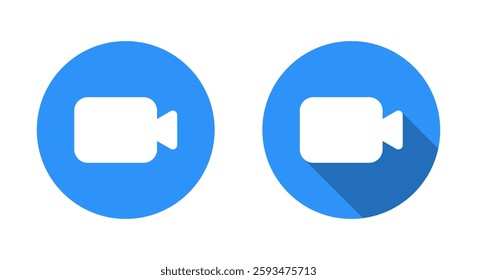 Video call icon with long shadow. Camera sign symbol on blue circle