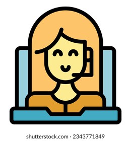 Vector de contorno de icono de videollamadas. Computadora de seminario web. Color del botón de película plano