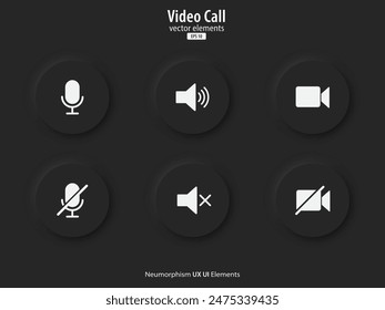 Video-Aufrufsymbol. Eine Reihe von schwarzen runden Buttonen mit einem Mikro, Lautstärke und Kamerasymbolen. 3D-Ikone im angesagten pneumorphen Stil für App, Websites und Interfaces. UI UX-Elemente. Vektorillustration.