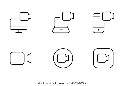 Ícone de chamada de vídeo definido. Ícones relacionados à câmera de vídeo. Video Conference, Chat em grupo, Visualização em 360 graus Ícone da câmera