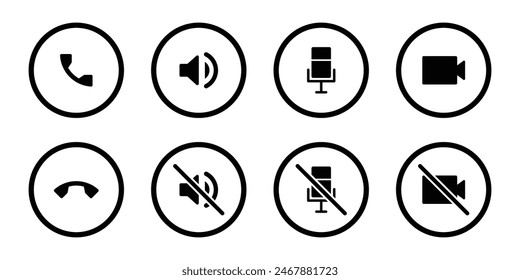 Video icono de llamada establecido en círculo para el diseño de la interfaz de usuario que llama al estilo de trazo de la aplicación en color negro. Video Sonido, micrófono,