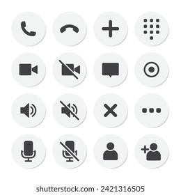 Video call icon set. Video conference call. Collections buttons of call, record, add call, microphone, mute, number pad for app. Circle rounded rectangle style in grey color with shadow. - Vector Icon